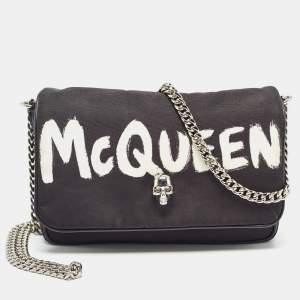 Alexander McQueen Black Graffiti Nylon Skull Crystals Shoulder Bag