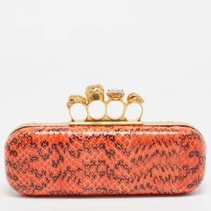 Alexander McQueen Orange/Black Watersnake Leather Skull Knuckle Box Clutch
