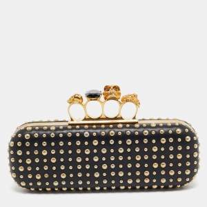 Alexander McQueen Black Studded Leather Skull Knuckle Box Clutch