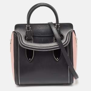 Alexander McQueen Black/Pink Leather and Croc Embossed Detail Small Heroine Top Handle Bag