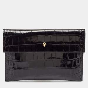 Pre Owned Alexander McQueen Black Croc Embossed Leather Skull Clutch