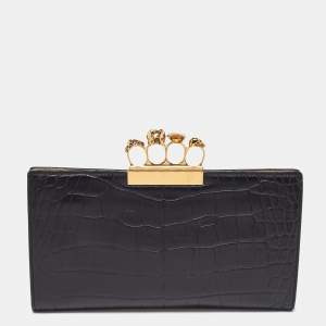 Alexander McQueen Black Croc Embossed Leather Skull Knuckle Clutch