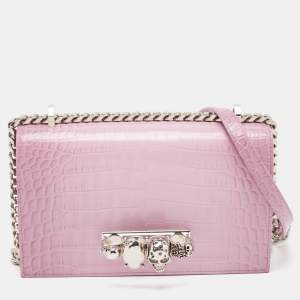 Alexander McQueen Pink Croc Embossed Leather Knuckle Flap Shoulder Bag
