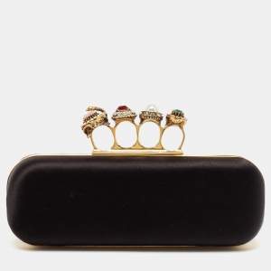 Alexander McQueen Black Satin Crystal Knuckle Duster Clutch