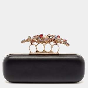 Alexander McQueen Black Leather Crystals Embellished Knuckle Box Clutch