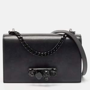 Alexander McQueen Black Leather Jewelled Flap Shoulder Bag
