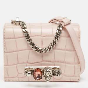 Alexander McQueen Pink Croc Embossed Leather Knuckle Flap Shoulder Bag