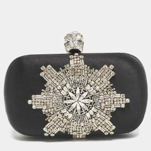 Alexander McQueen Black Satin Crystals Embellished Skull Clutch