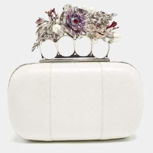 Alexander McQueen White Snakeskin Floral Embellished Knuckle Clutch
