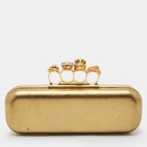 Alexander McQueen Gold Leather Skull Crystals Knuckle Box Clutch