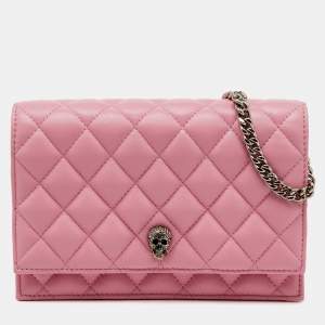 Alexander McQueen Pink Quilted Leather Skull Flap Chain Clutch