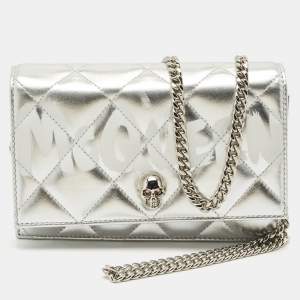 Alexander McQueen Silver Quilted Leather Small Skull Chain Bag 