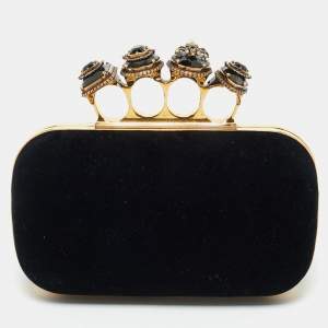 Alexander McQueen Black Velvet Four Ring Embellished Box Clutch
