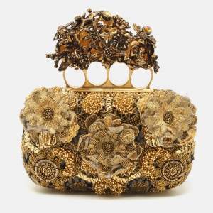 Pre Owned Alexander McQueen Gold Rosa Seta Knuckle Duster Box Clutch