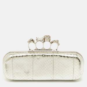 Pre Owned Alexander McQueen Silver Snakeskin Skull Crystals Knuckle Box Clutch