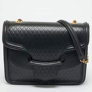 Pre Owned Alexander McQueen Black Diamond Embossed Leather Heroine Chain Shoulder Bag