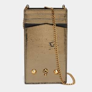 Pre Owned Alexander McQueen Metallic Leather Skull Phone Crossbody Bag