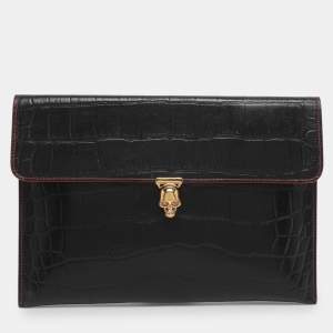 Pre Owned Alexander McQueen Black Croc Embossed Leather Skull Envelope Clutch