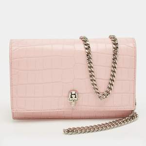 Pre Owned Alexander McQueen Pink Croc Embossed Leather Skull Crystal Chain Bag
