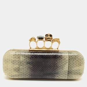 Pre Owned Alexander McQueen Beige/Navy Blue Python Skull Knuckle Duster Clutch