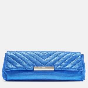 Pre Owned Alexander McQueen Metal Flap Metallic Blue Leather Clutch