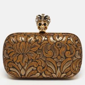 Pre Owned Alexander McQueen Gold/Black Brocade Fabric Crown Skull Box Clutch