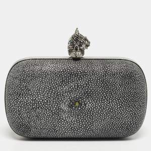 Pre Owned Alexander McQueen Grey Stingray Leather Skull Box Clutch