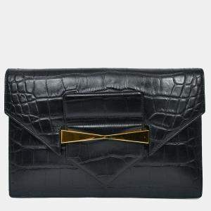 مملوكة مسبقًا Alexander McQueen Black Croc Effect Leather Envelope Clutch