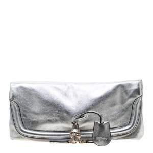 Alexander McQueen Silver Skull Padlock Leather Studded Fold Over Clutch