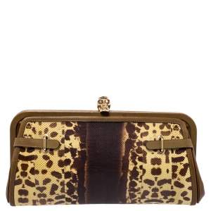 Alexander McQueen Brown Leather and Watersnake Reversible Skull Clutch 