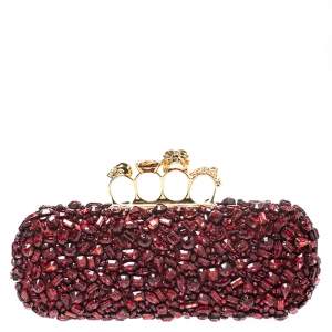 Pre Owned Alexander McQueen Red Crystal Embellished Leather Skull Knuckle Box Clutch