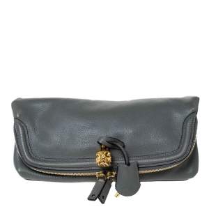 Pre Owned Alexander McQueen Grey Leather Skull Padlock Fold-Over Clutch
