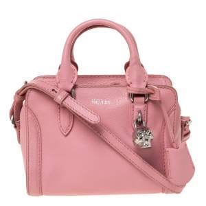 Pre Owned Alexander McQueen Pink Pebbled Leather Mini Skull Padlock Zip Tote