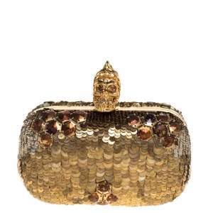 Pre Owned Alexander McQueen Gold Sequins Jaw Skull Clutch