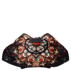 Pre Owned Alexander McQueen Multicolor Printed Satin and Leather Medium De Manta Clutch