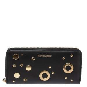 Pre Owned Alexander McQueen Black Leather Eyelet Zip Around Wallet