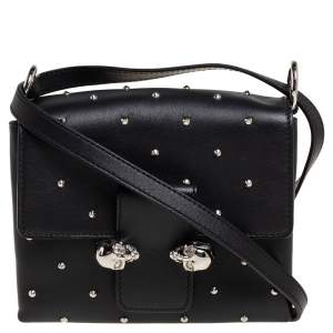 Pre Owned Alexander McQueen Black Leather Twin Skull Studded Crossbody Bag