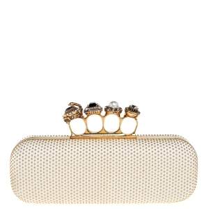 Pre Owned Alexander McQueen White Leather Studded Four Ring Knuckle Clutch 