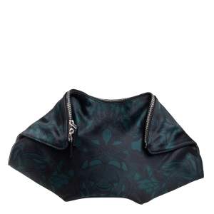 Pre Owned Alexander McQueen Black/Green Printed Fabric and Leather Medium De Manta Clutch