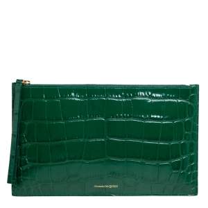 Pre Owned Alexander McQueen Green Croc Zip Pouch