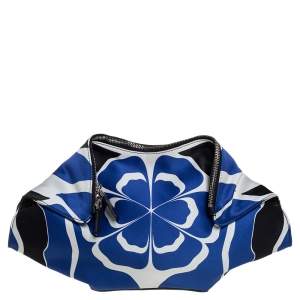 Pre Owned Alexander McQueen Blue/White Printed Satin and Leather Medium De Manta Clutch