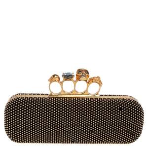 Pre Owned Alexander McQueen Black Suede Studded Skull Knuckle Clutch