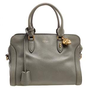 Pre Owned Alexander McQueen Grey Leather Skull Padlock Tote