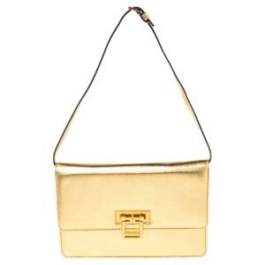 Alexander McQueen Metallic Gold Leather Crystal Embellished Flap Clutch Bag