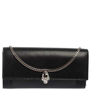 Pre Owned Alexander McQueen Black Leather Skull Continental Wallet On Chain