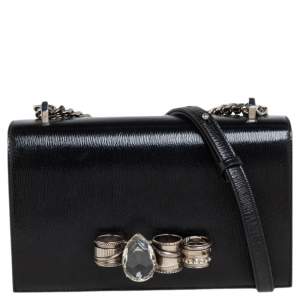 Pre Owned Alexander McQueen Black Patent Leather 4 Ring Flap Shoulder Bag