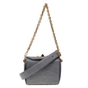 Alexander McQueen Grey Croc Embossed Leather Box Shoulder Bag