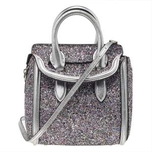Pre Owned Alexander McQueen Silver Glitter And Leather Heroine Satchel
