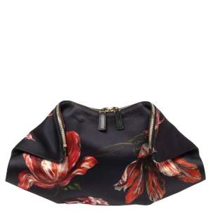 Pre Owned Alexander McQueen Black/Pink Floral Print Satin and Leather Medium De Manta Clutch