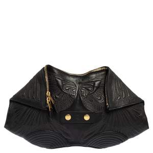 Pre Owned Alexander McQueen Black Embroidered Leather Medium De Manta Clutch